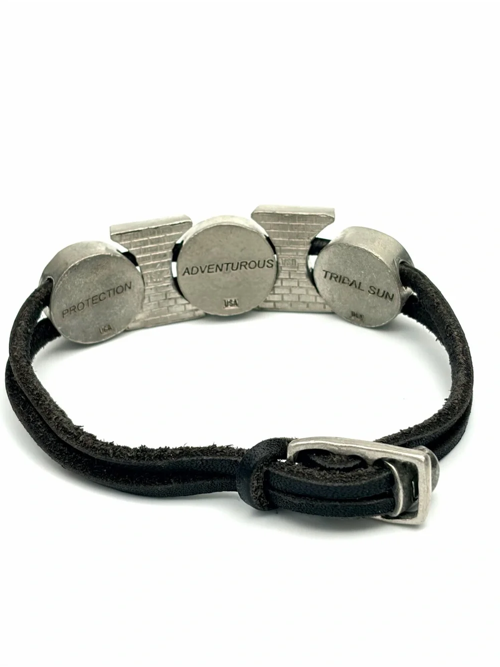 Black Leather and Cast Pewter Tribal Disc Bracelet - Native American